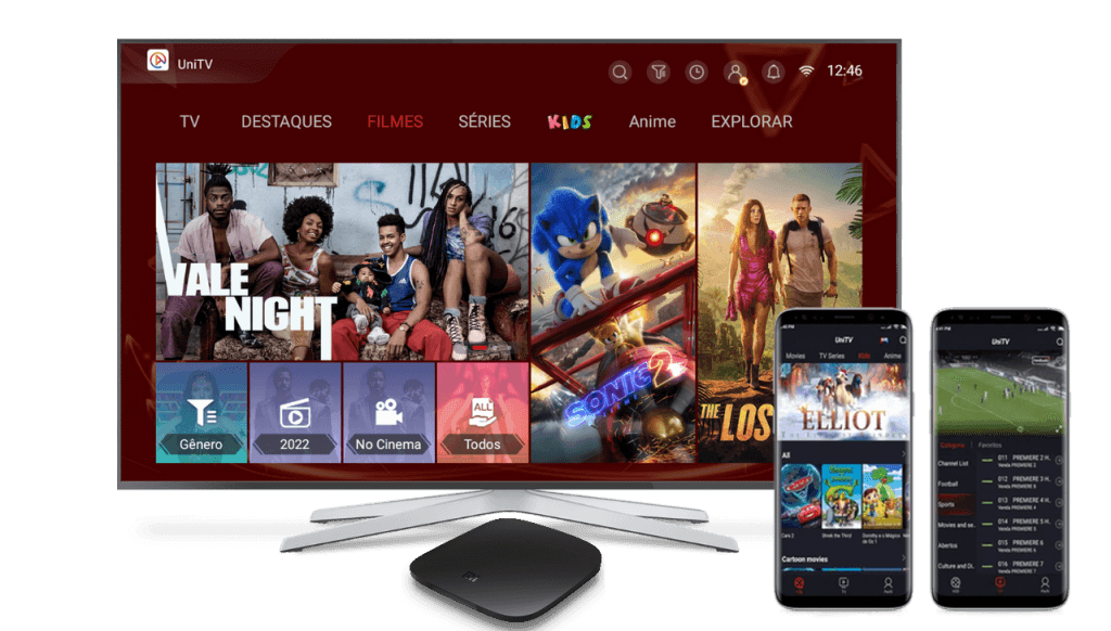 Interface da plataforma UniTV exibida em Smart TV, aparelho TV Box e smartphones Android